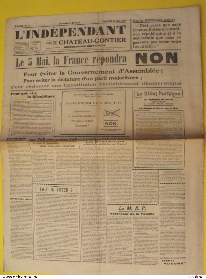 Hebdo L'indépendant De Chateau-Gontier. Mayenne Laval. N° 17 Du 28 Avril 1946. Référendum Schumann - Pays De Loire