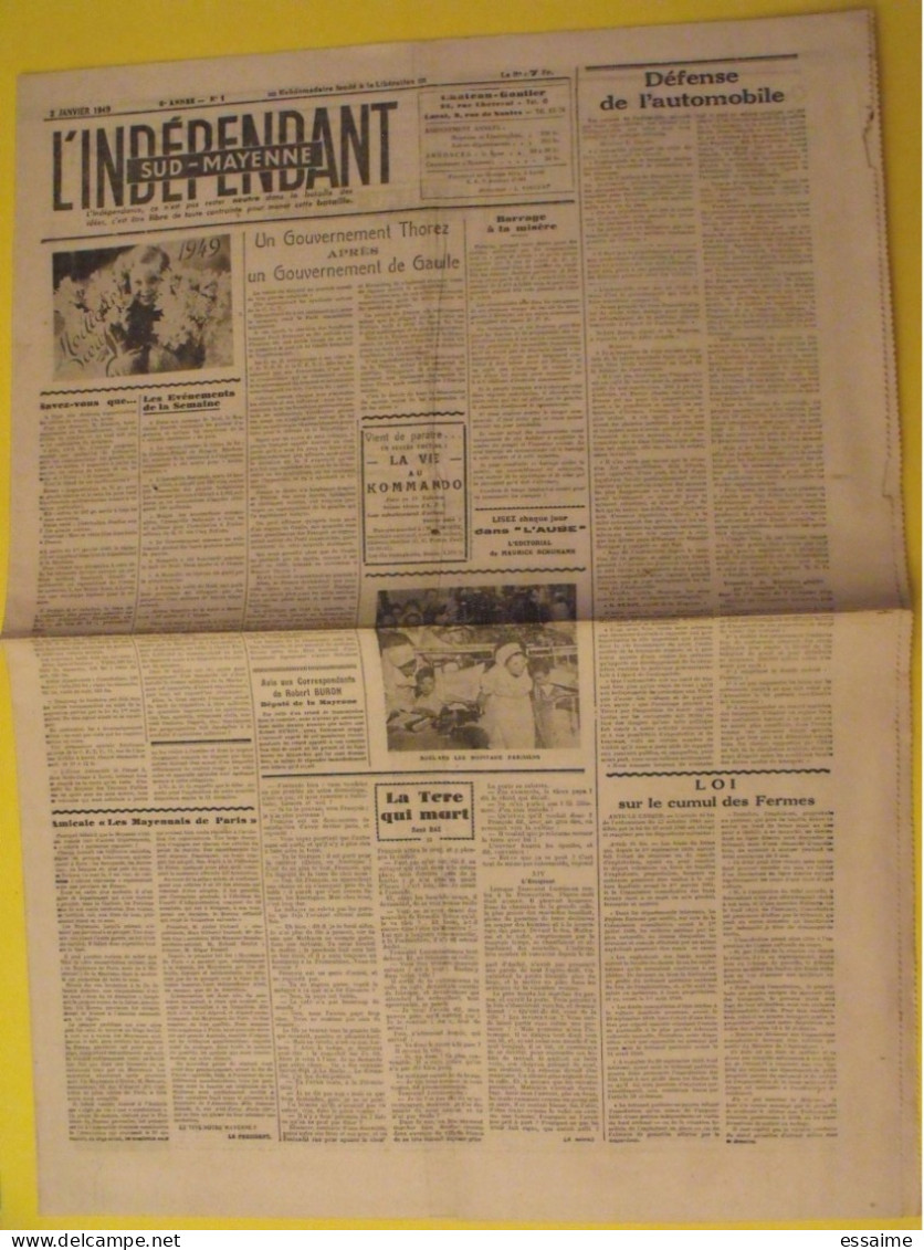 Hebdo L'indépendant Sud-Mayenne. Chateau-Gontier Laval. N° 1 Du 2 Janvier 1949. De Gaulle Thorez - Pays De Loire