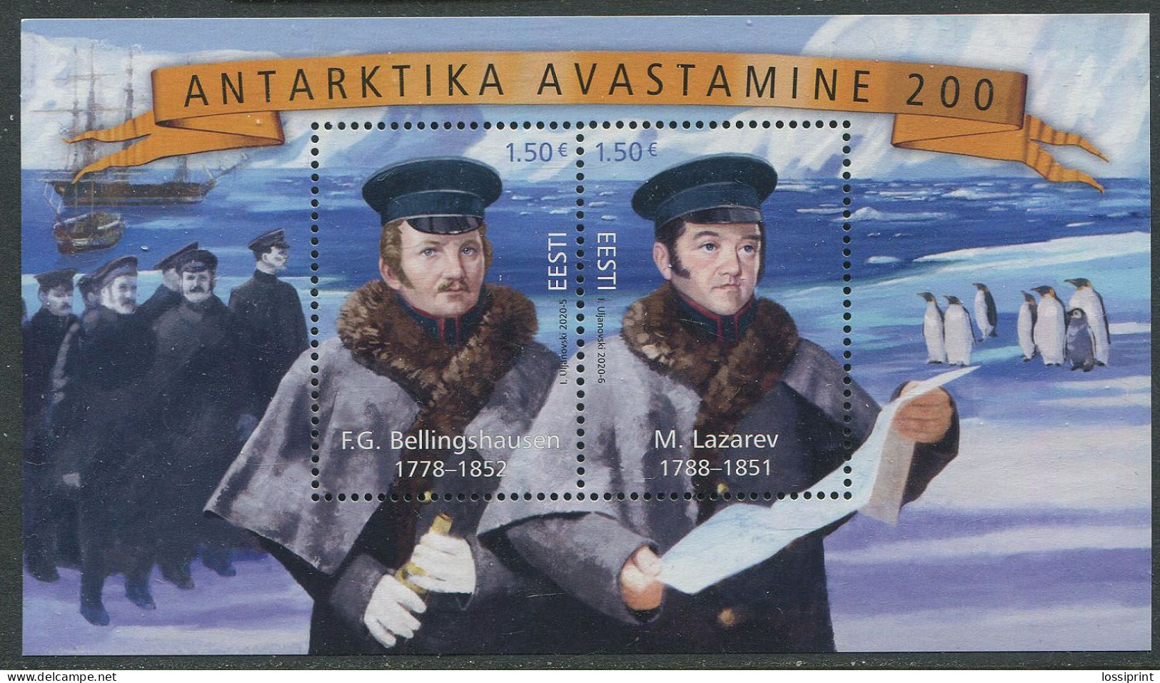 Estonia:Unused Block Discovery Of Antarctiga, F.G.Bellingshausen, M.Lazarev, Ships, 2020, MNH - Estonie