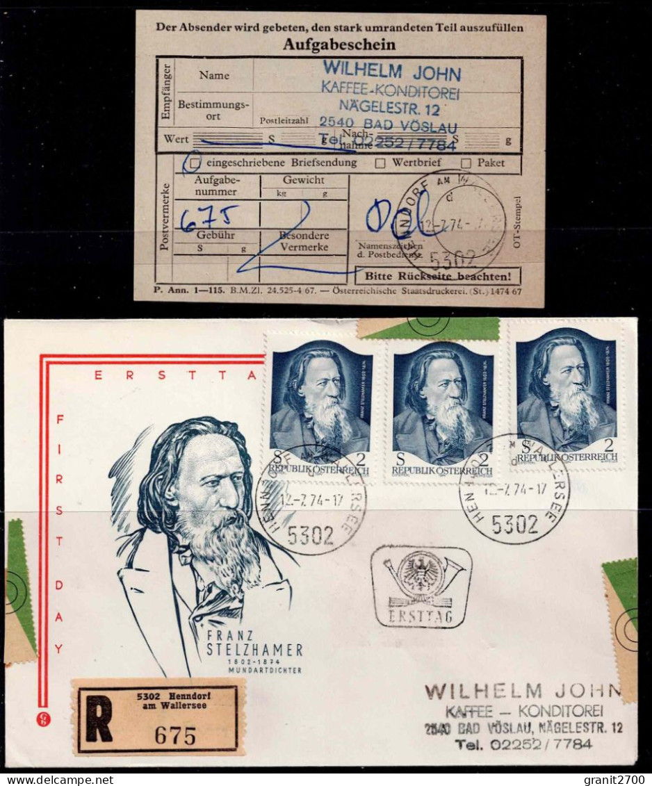 Reko  FDC Franz Stelzhamer ( Mit Aufgabeschein ) Vom 12.7.1974 - ANK 1483 - Lettres & Documents