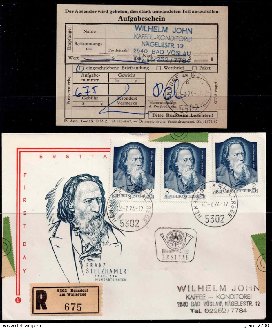 Reko  FDC Franz Stelzhamer ( Mit Aufgabeschein ) Vom 12.7.1974 - ANK 1483 - Briefe U. Dokumente