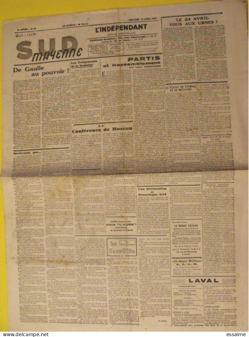 Hebdo L'indépendant Sud-Mayenne. Chateau-Gontier Laval. N° 51 Du 22 Décembre 1946. Buron Schumann Guinard - Pays De Loire