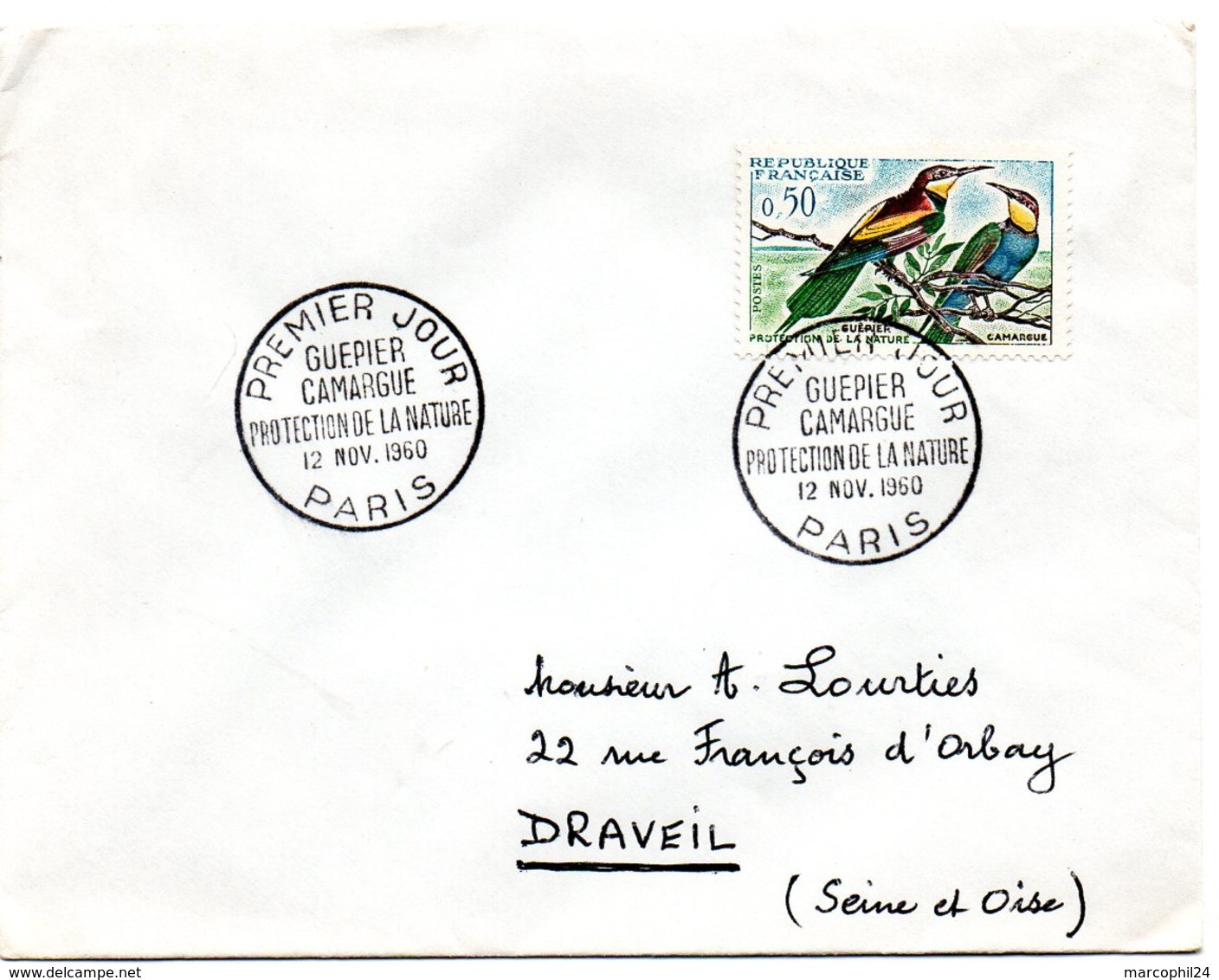 OISEAU / GUEPIER = 75 PARIS 1960 = CACHET PREMIER JOUR N° 1276 =  CAMARGUE Protection De La Nature - 1960-1969