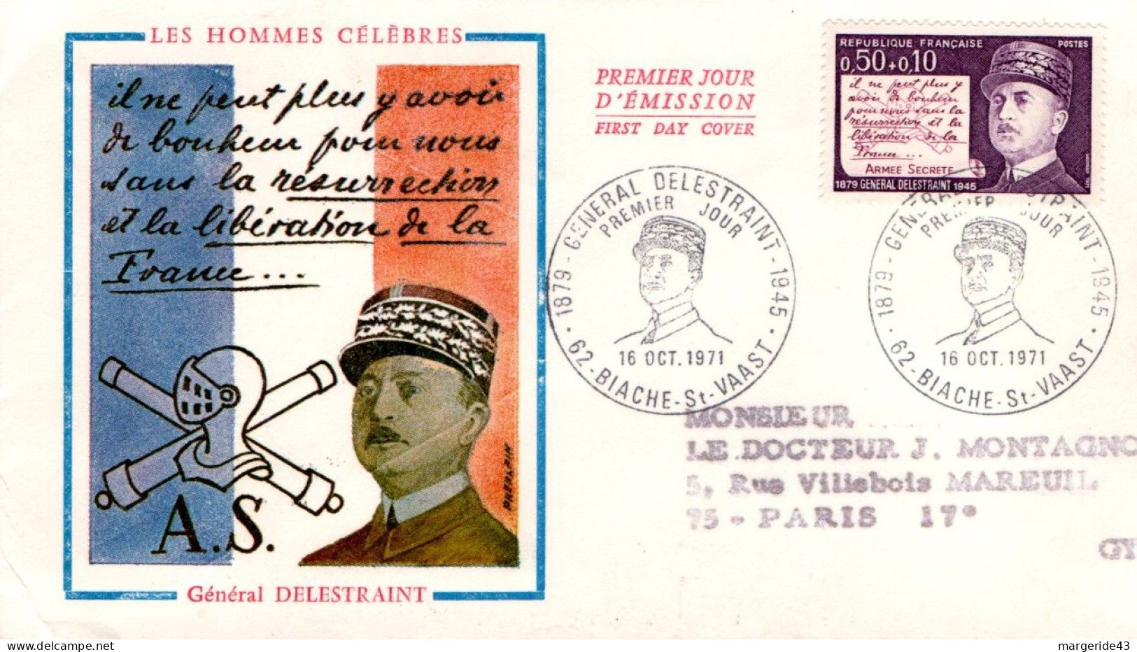 LETTRE FDC 1971 GENERAL DELESTRAINT - 1970-1979