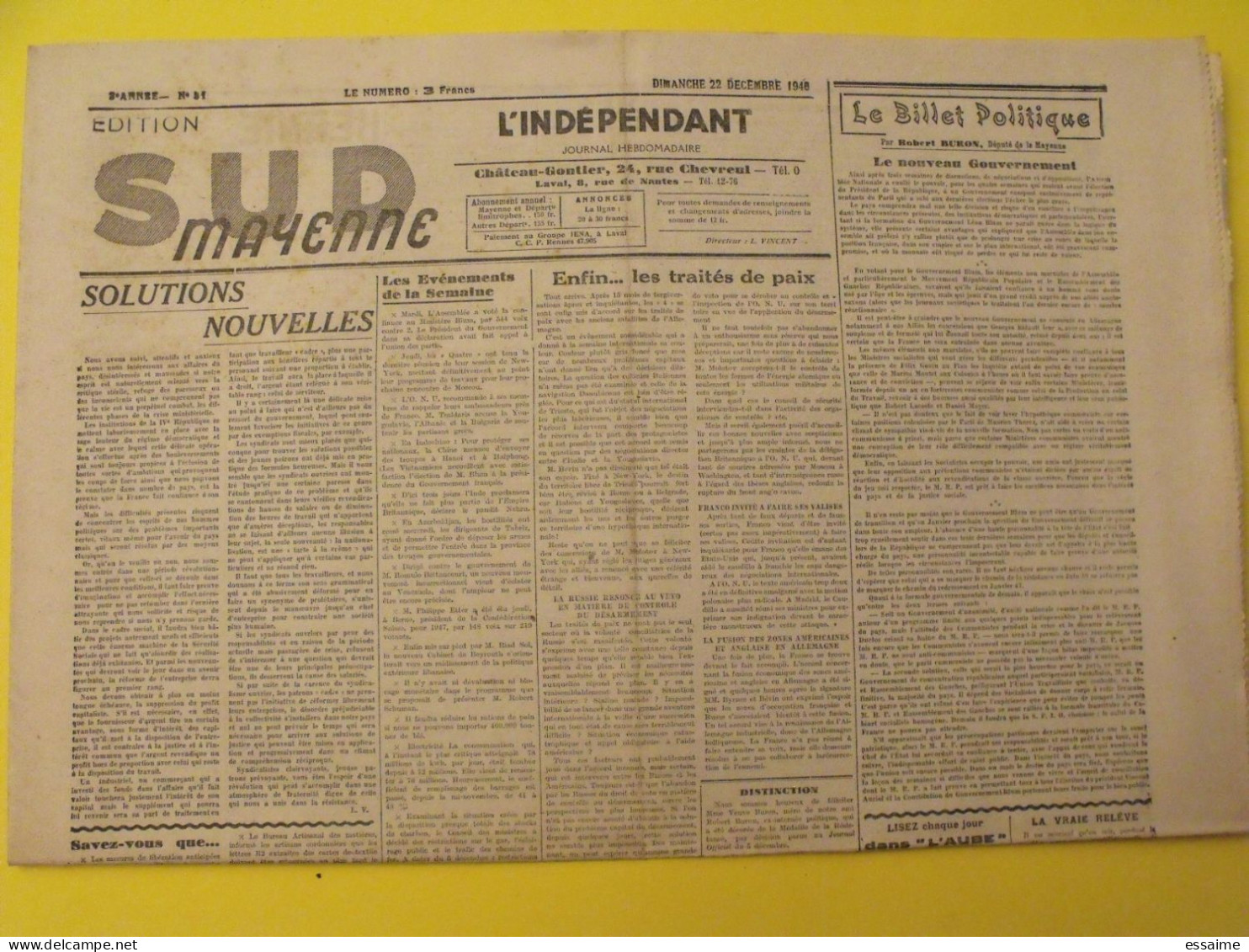 Hebdo L'indépendant Sud-Mayenne. Chateau-Gontier Laval. N° 18 Du 13 Avril 1947. De Gaulle Gay Schumann Vincent - Pays De Loire