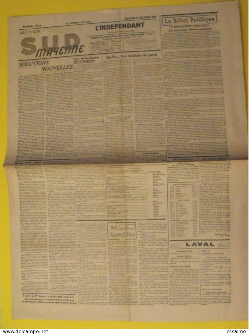 Hebdo L'indépendant Sud-Mayenne. Chateau-Gontier Laval. N° 18 Du 13 Avril 1947. De Gaulle Gay Schumann Vincent - Pays De Loire