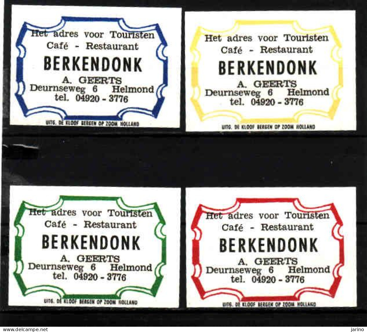 4 Dutch Matchbox Labels, HELMOND - North Brabant, Café Restaurant BERKENDONK, A. Geerts, Holland, Netherlands - Matchbox Labels