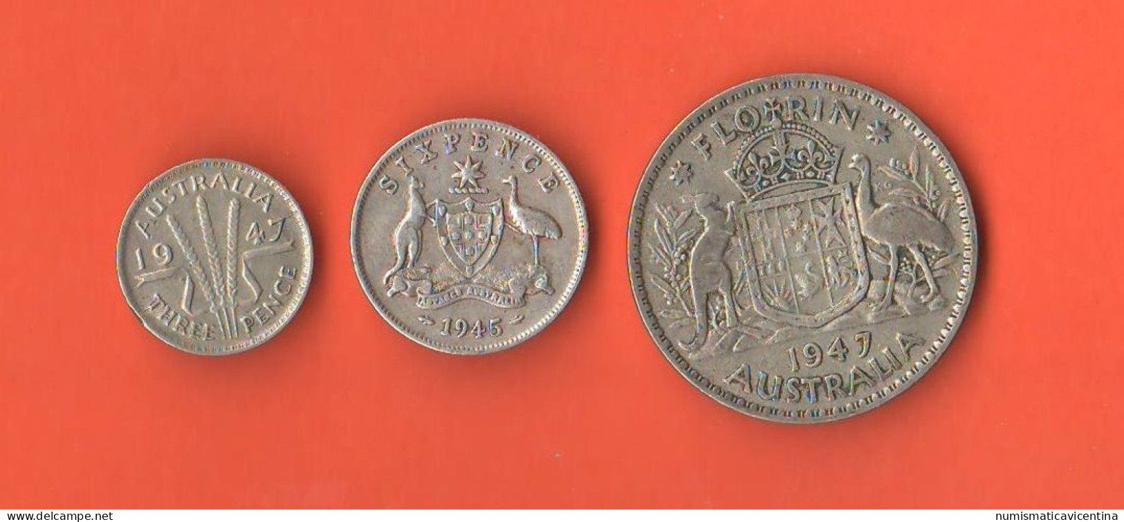 Australia 3 Pence 1947 + 6 Pence 1945 + 1 One Florin 1947 King Georgius VI° Silver Coin - Sixpence