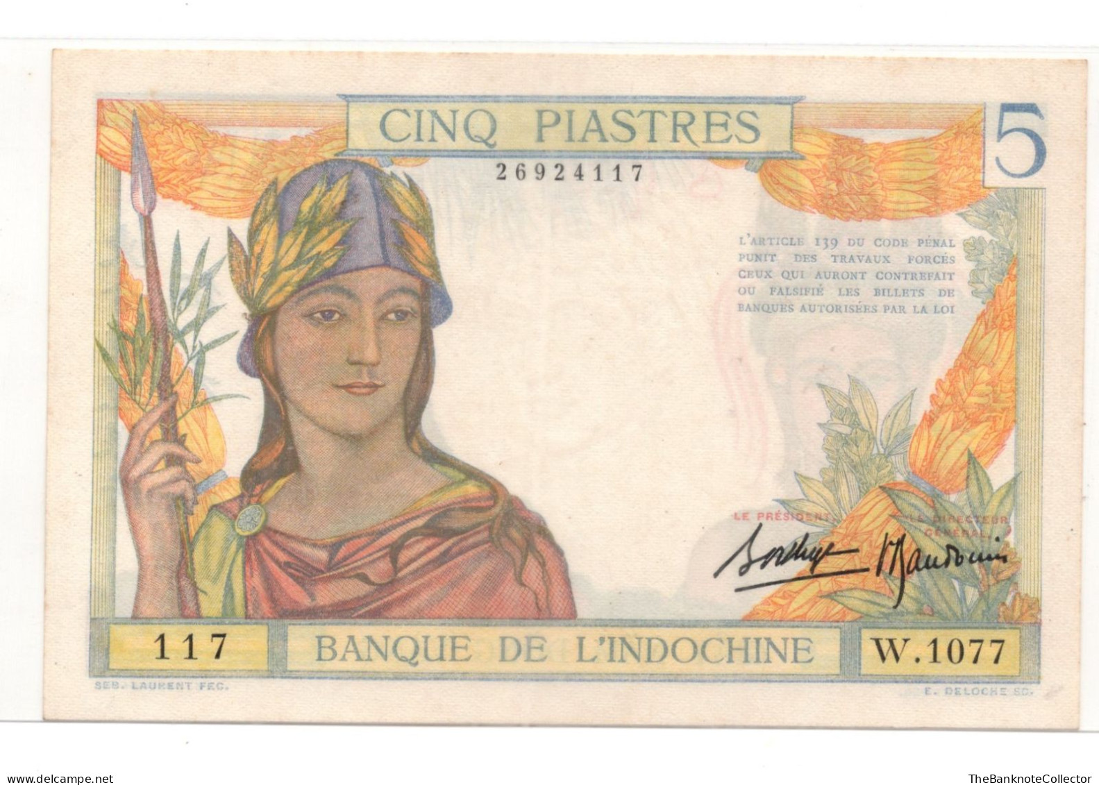 French Indochina 5 Piastres ND 1932-1939 P-55 AUNC - Sonstige – Asien