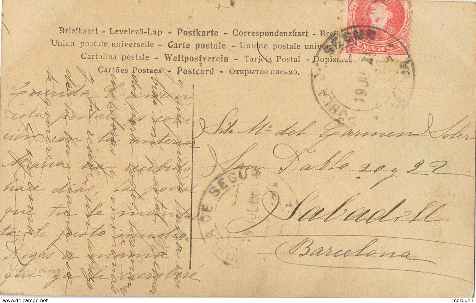 54822. Postal POBLA DE SEGUR (Lerida) 1906. Romantica.  Artista Cantanta SAHARET, Varietes - Lettres & Documents
