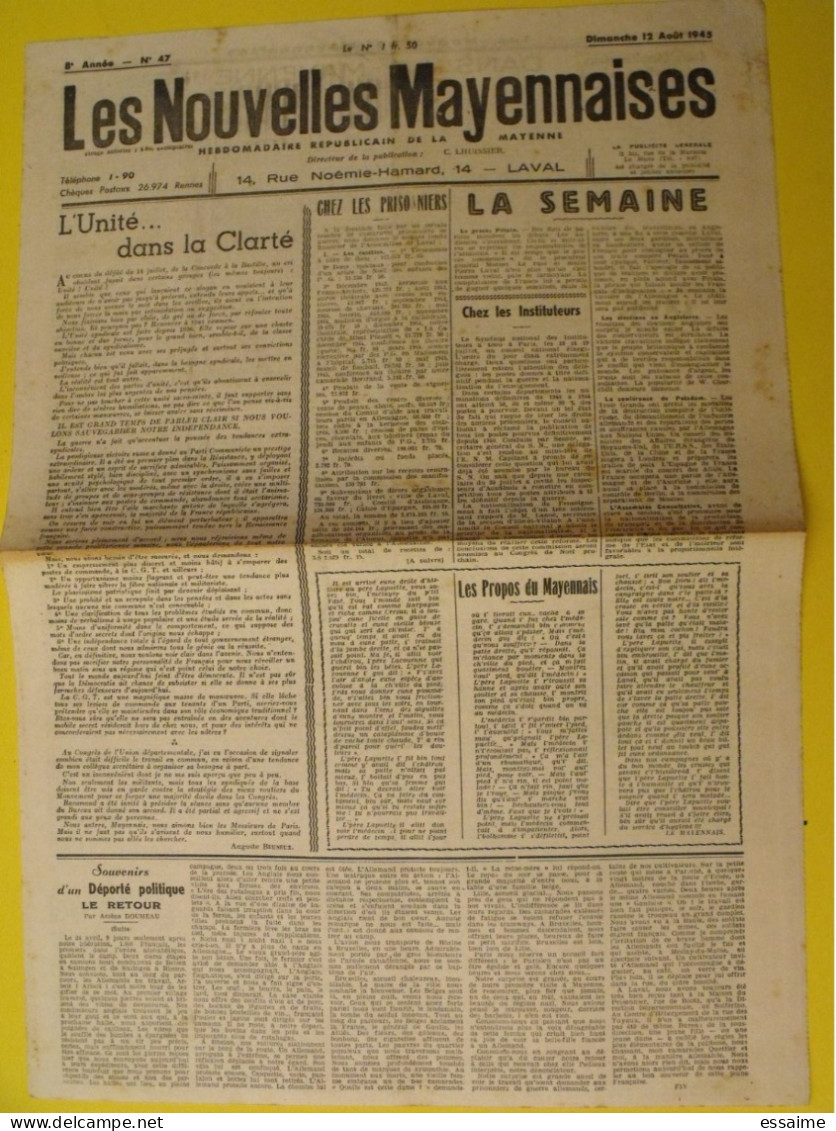 Hebdo Les Nouvelles Mayennaises. Chateau-Gontier Laval. N° 47 Du 12 Août 1945  Prisonniers Beuneux Déporté Politique. - Pays De Loire