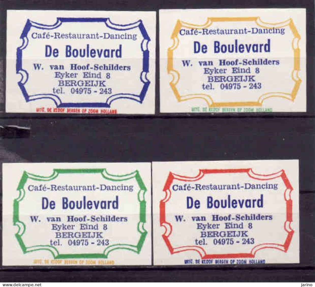 4 Dutch Matchbox Labels, BERGEIJK- North Brabant, Café Restaurant De Boulevard, W.van Hoof-Schilders Holland Netherlands - Boites D'allumettes - Etiquettes