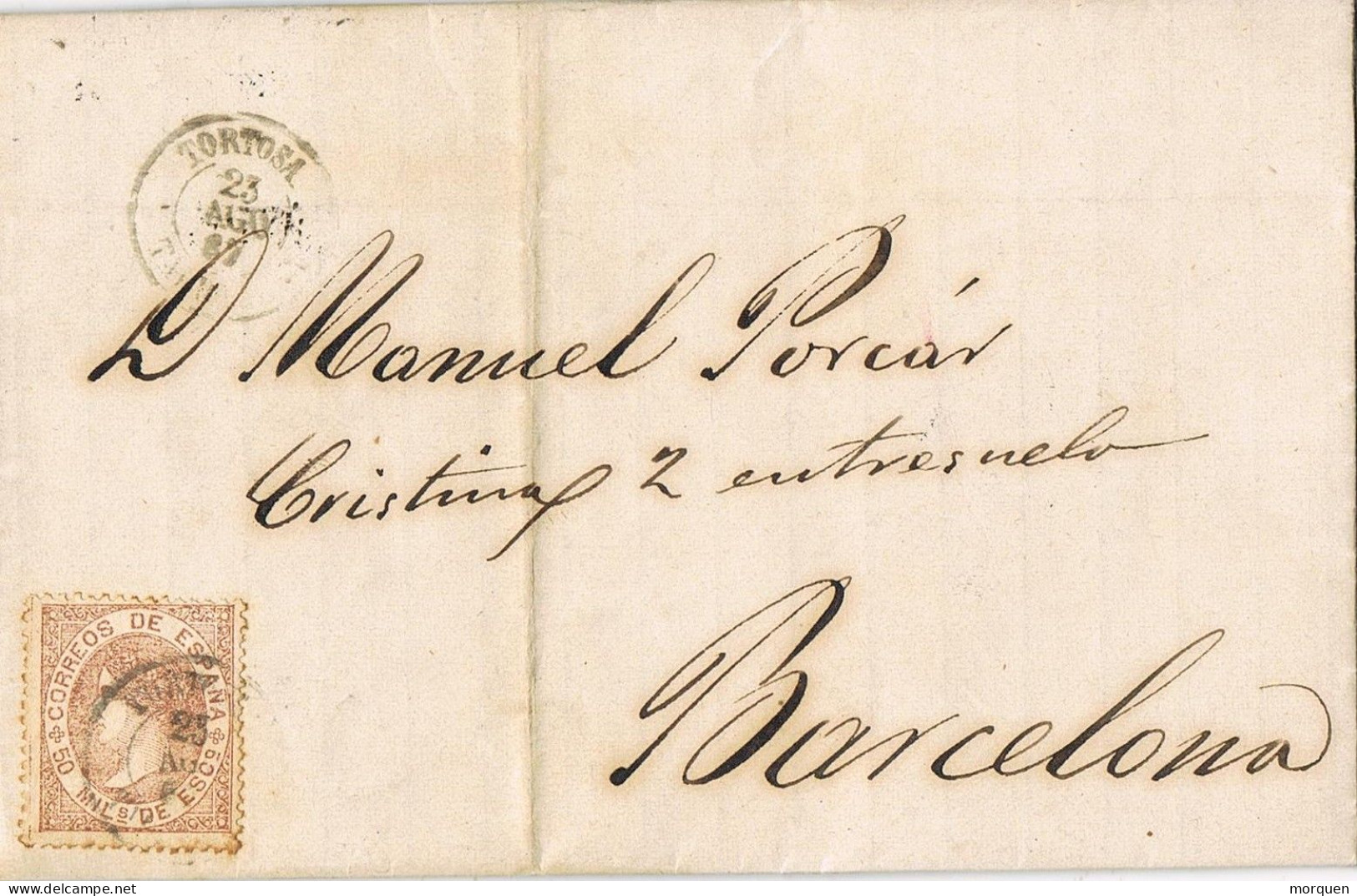 54823. Carta Entera TORTOSA (Tarragona) 1867. Marca Oval  CARTERO 7ª Seccion - Covers & Documents