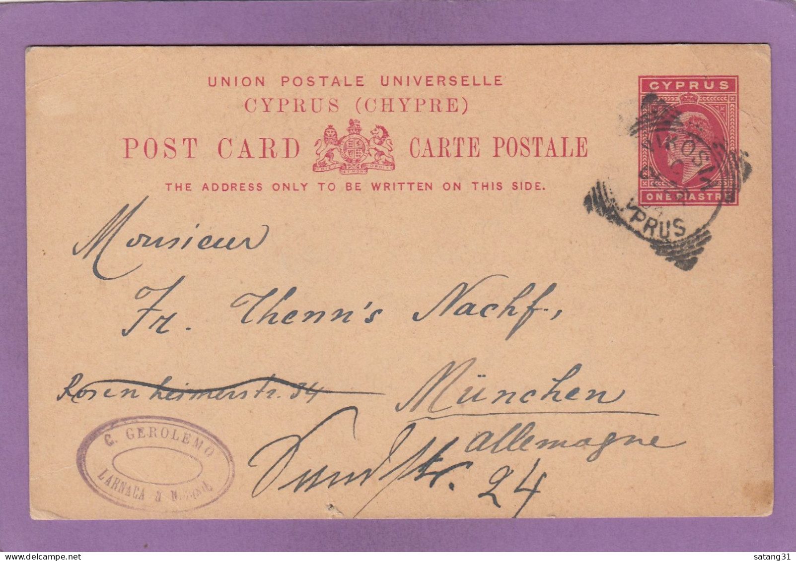 ENTIER POSTAL DE NICOSIE POUR MUNICH,1905. - Zypern (...-1960)