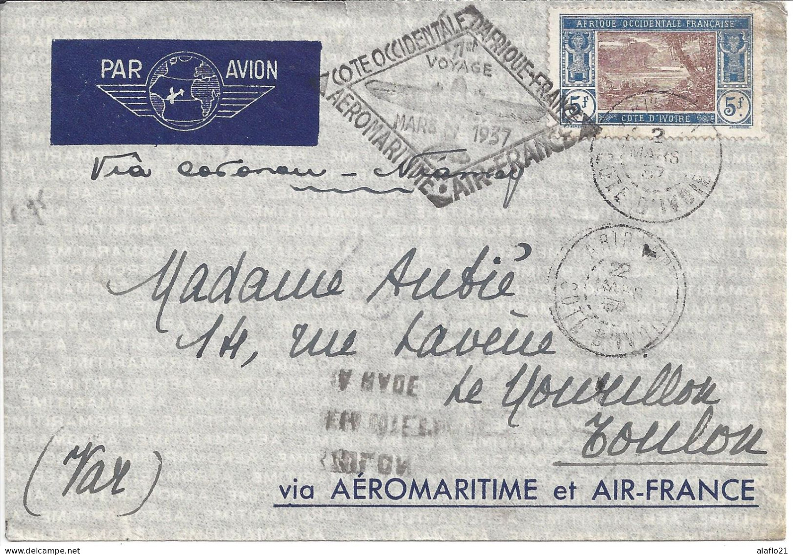 ENVELOPPE CÔTE D'IVOIRE Pour TOULON - 1er VOYAGE AEROMARITIME AIR-FRANCE - MARS 1937 - Covers & Documents