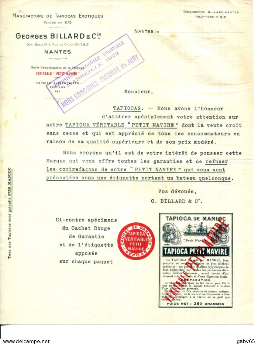 FACTURE.44.NANTES.MANUFACTURE DE TAPIOCAS EXOTIQUES " PETIT NAVIRE "GEORGES BILLARD & Cie.15 QUAI BACO. - Alimentare