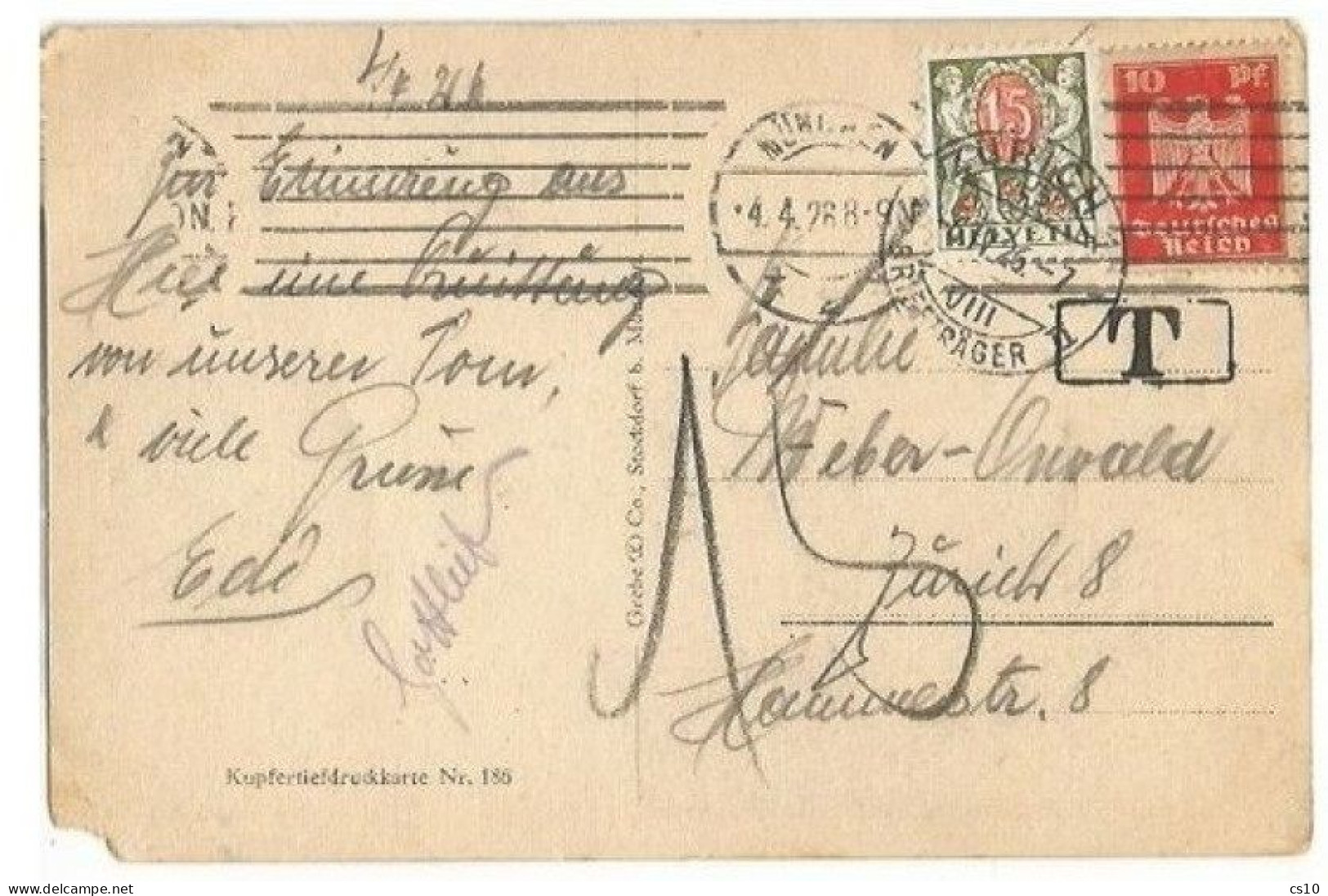 Suisse 6apr1926 Postage Due C.15 Taxing Pcard Munchen 4apr With Eagle Pf10 Solo To Zurich - Marcophilie