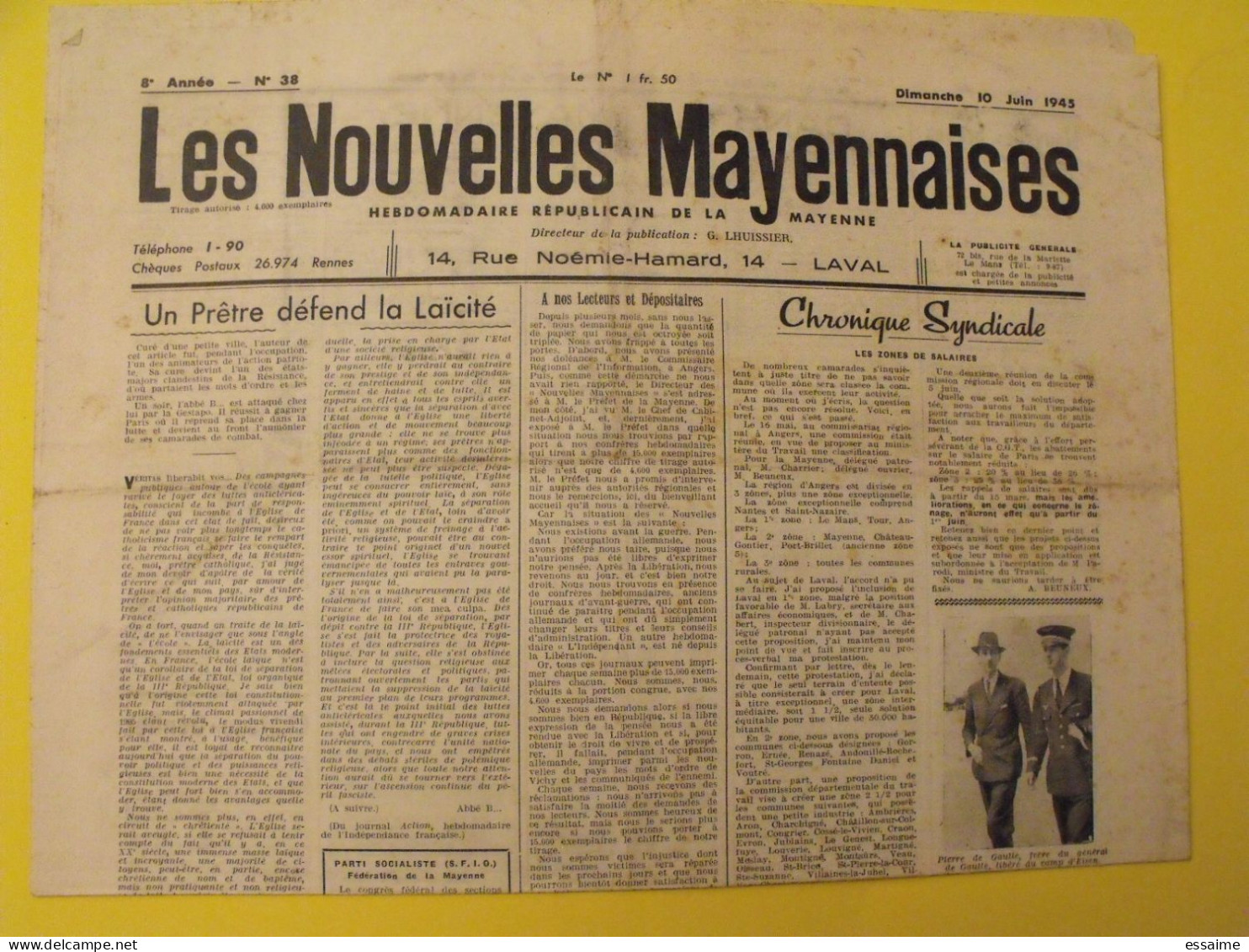 Hebdo Les Nouvelles Mayennaises. Chateau-Gontier Laval. N° 38 Du 10 Juin 1945.  Guerre De Gaulle Mauthausen Déporté - Pays De Loire