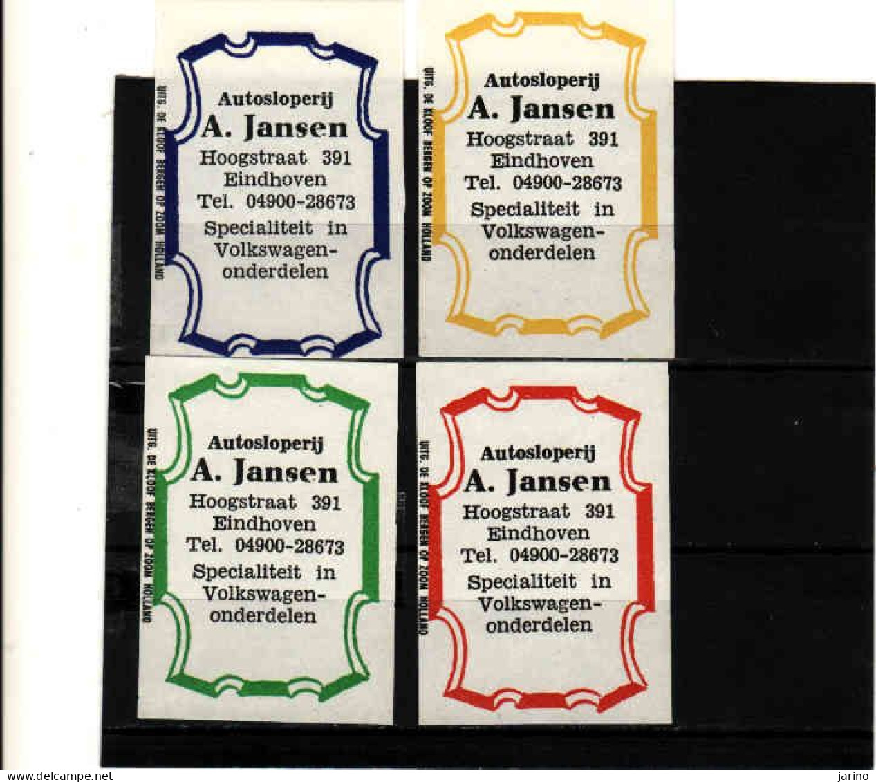 4 Dutch Matchbox Labels, EINDHOVEN - North Brabant, Autosloperij A. Jansen, Volkswagen-onderdelen, Holland, Netherlands - Zündholzschachteletiketten