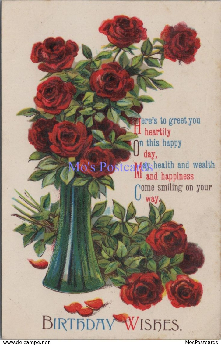 Greetings Postcard - Birthday Wishes. Vase Of Red Roses  DZ81 - Anniversaire