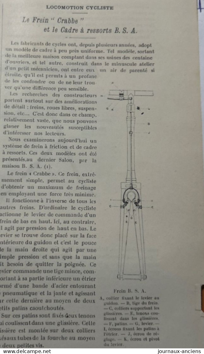 1902 LOCOMOTION CYCLISTE - Le Frein " Crabbe " Et Le Cadre à Ressorts B.S.A - Revue LA LOCOMOTION - 1900 - 1949