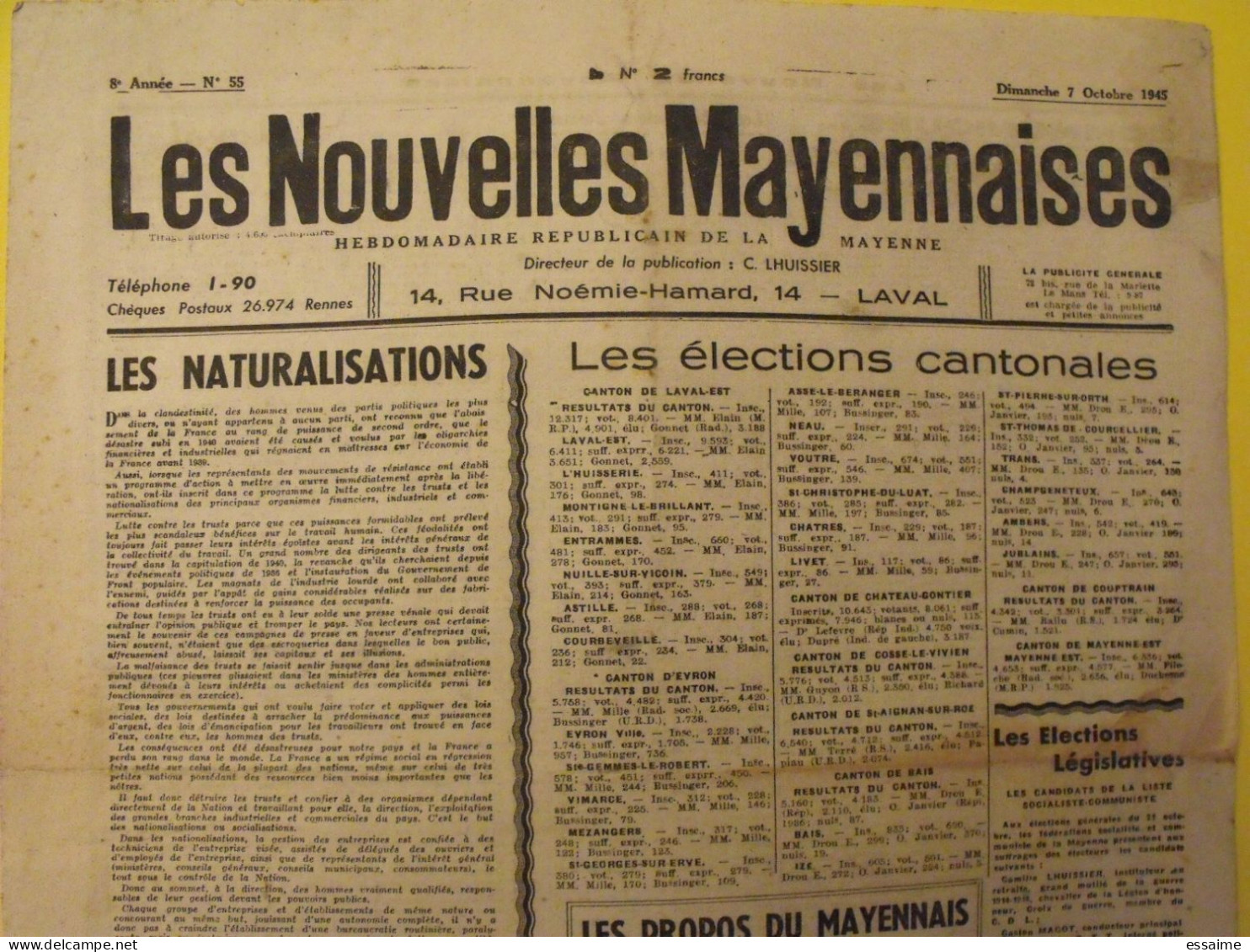 Hebdo Les Nouvelles Mayennaises. Chateau-Gontier Laval. N° 55 Du 7 Octobre 1945.  élections Prisons Er Camps Nazis - Pays De Loire