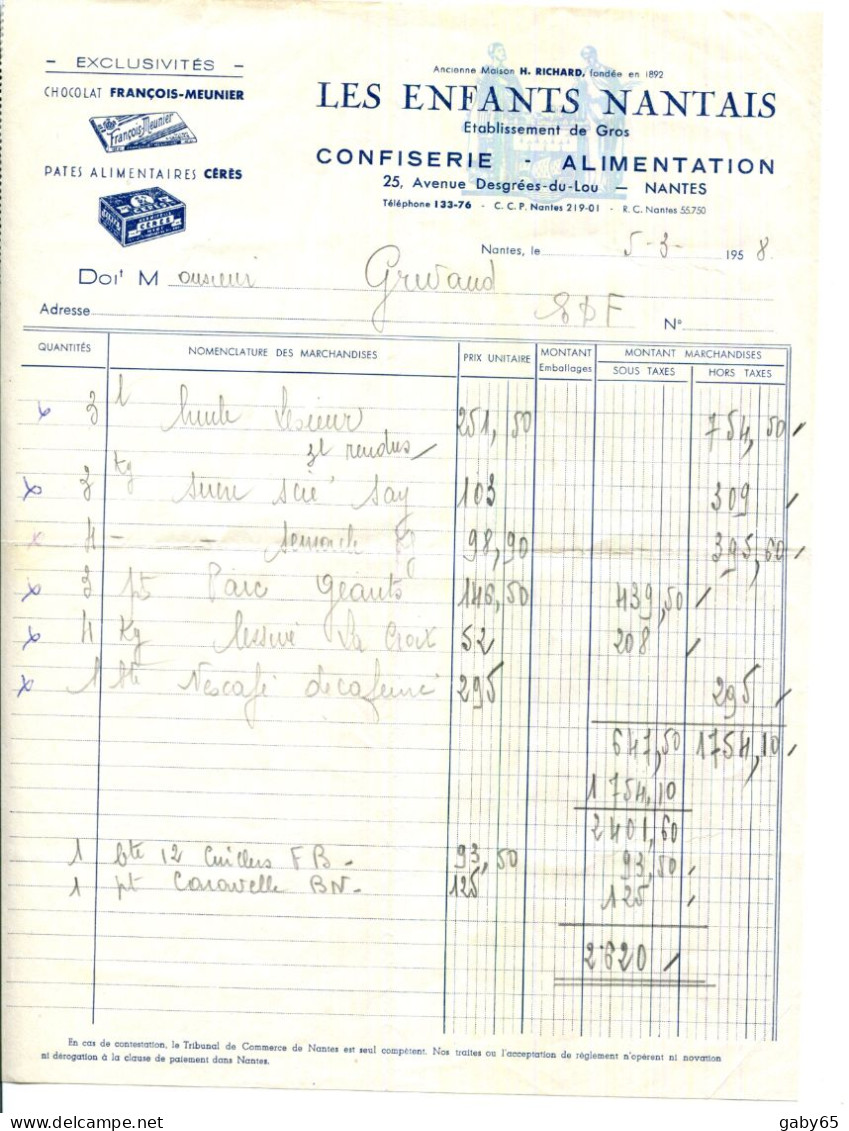 FACTURE.44.NANTES.CONFISERIE.ALIMENTATION " LES ENFANTS NANTAIS 25 AVENUE DESGRÉES DU LOU. - Food