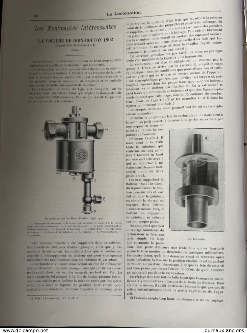 1902 LA VOITURE  DE DION BOUTON TYPE 6 Et 8 Chevaux - Revue  LA LOCOMOTION - 1900 - 1949