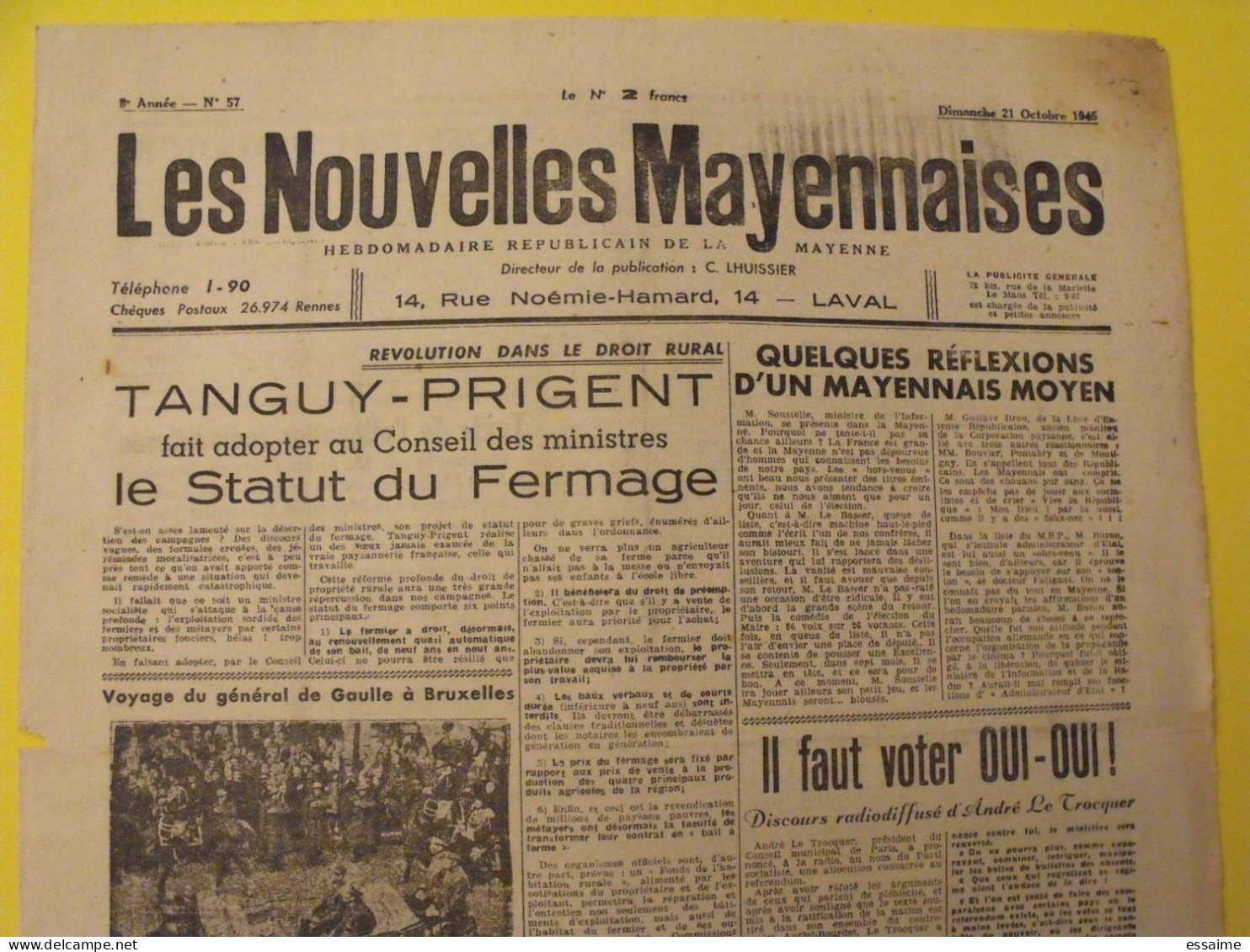 Hebdo Les Nouvelles Mayennaises. Chateau-Gontier Laval. N° 57 Du 21 Octobre 1945.  Tanguy-prigent Lacoste De Gaulle - Pays De Loire