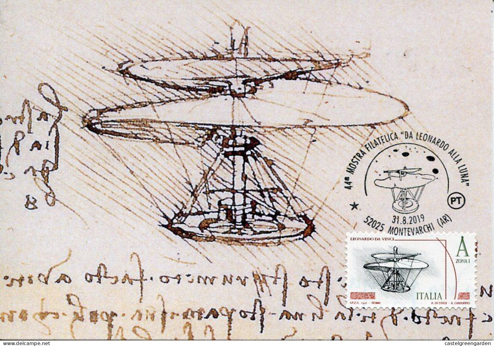 X0101 Italia, Maximum 2019  Luftschraube Helicopter Of Leonardo Da Vinci (high Value Stamp) - Cartas Máxima