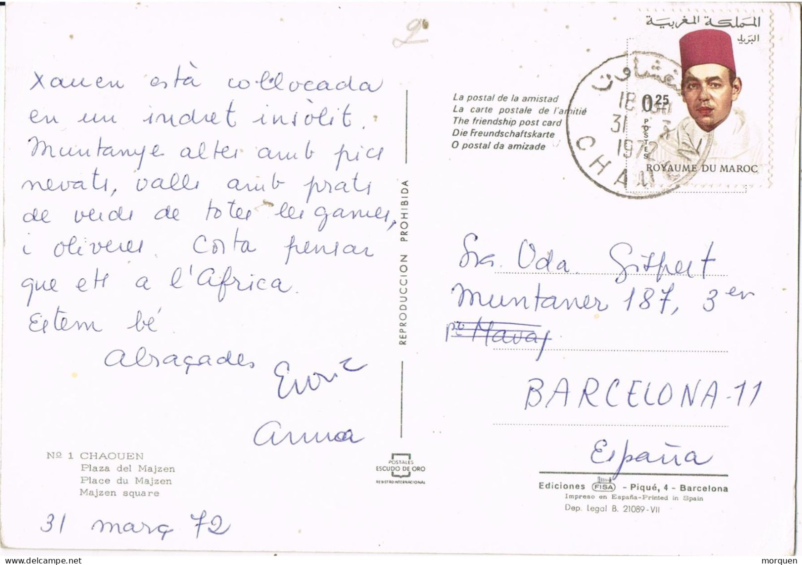 54826. Postal CHAUEN (Marruecos) 1972. Vista De Plaza De MAJZEM - Morocco (1956-...)