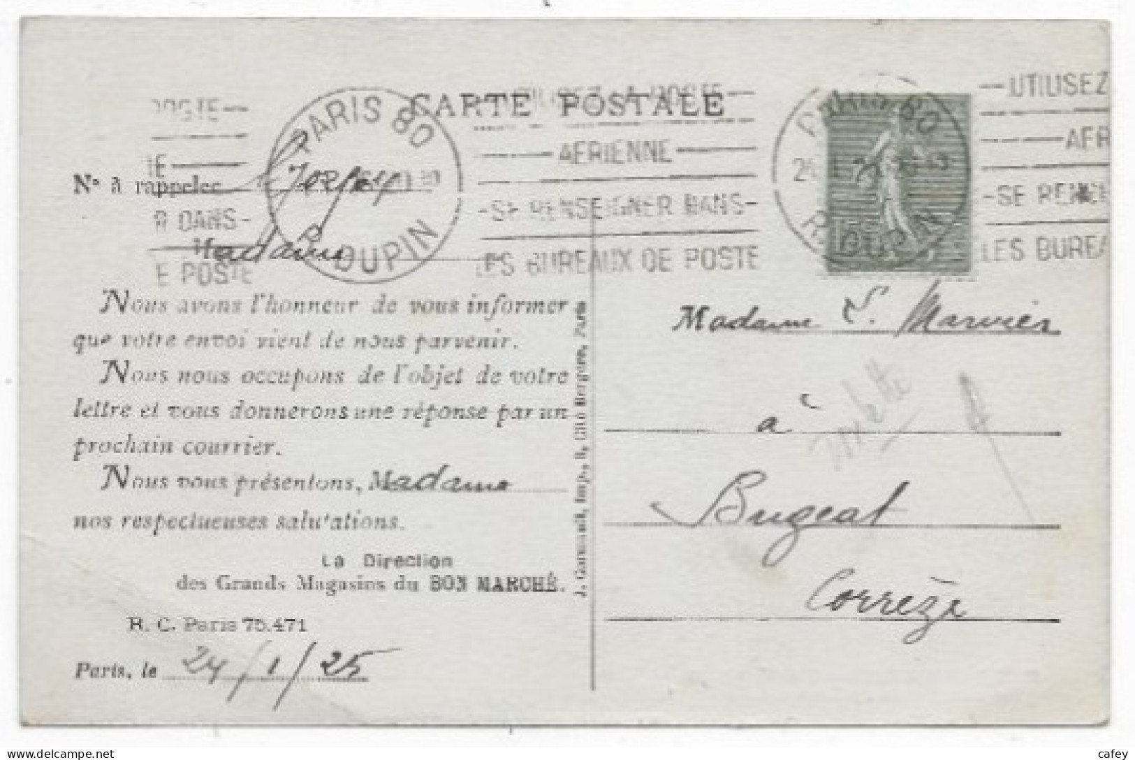 Carte  Magasin BON MARCHE Timbre De Roulette 15c SEMEUSE LIGNEE Càd PARIS R.DUPIN 1925 - 1903-60 Säerin, Untergrund Schraffiert