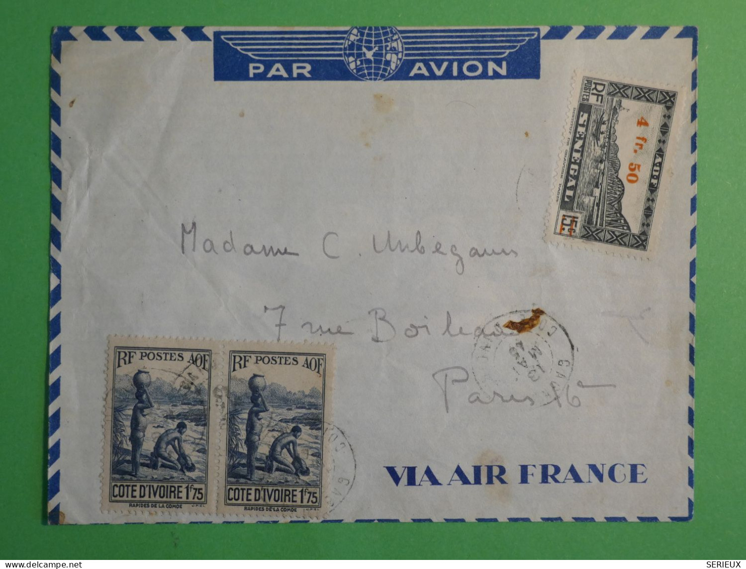 DN9 AOF COTE D IVOIRE    BELLE  LETTRE  1945   A PARIS FRANCE  +SURCHARGE ROUGE + AFF.  INTERESSANT++ - Briefe U. Dokumente