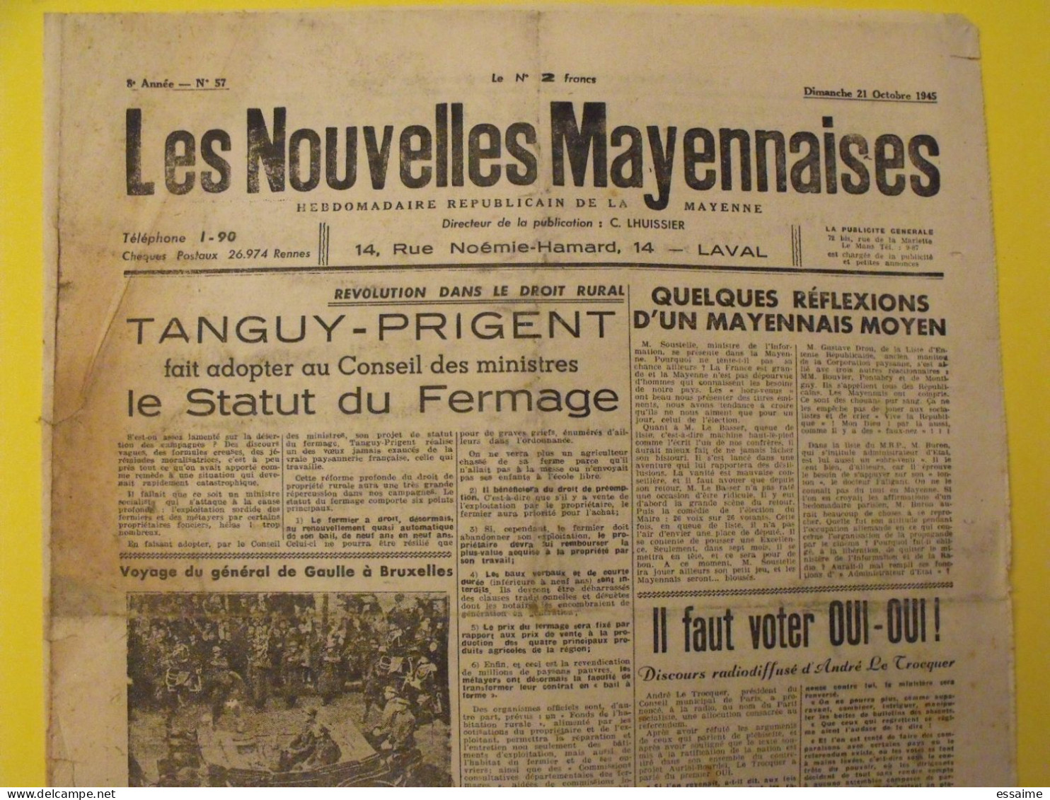 Hebdo Les Nouvelles Mayennaises. Chateau-Gontier Laval. N° 57 Du 21 Octobre 1945.  Tanguy-prigent Lacoste De Gaulle - Pays De Loire