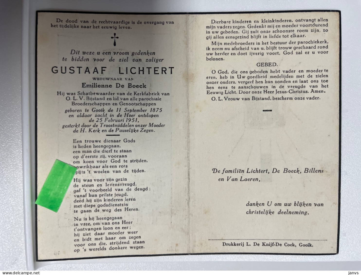 Devotie DP - Overlijden Gustaaf Lichtert Wwe De Boeck - Gooik 1875 - 1951 - Décès