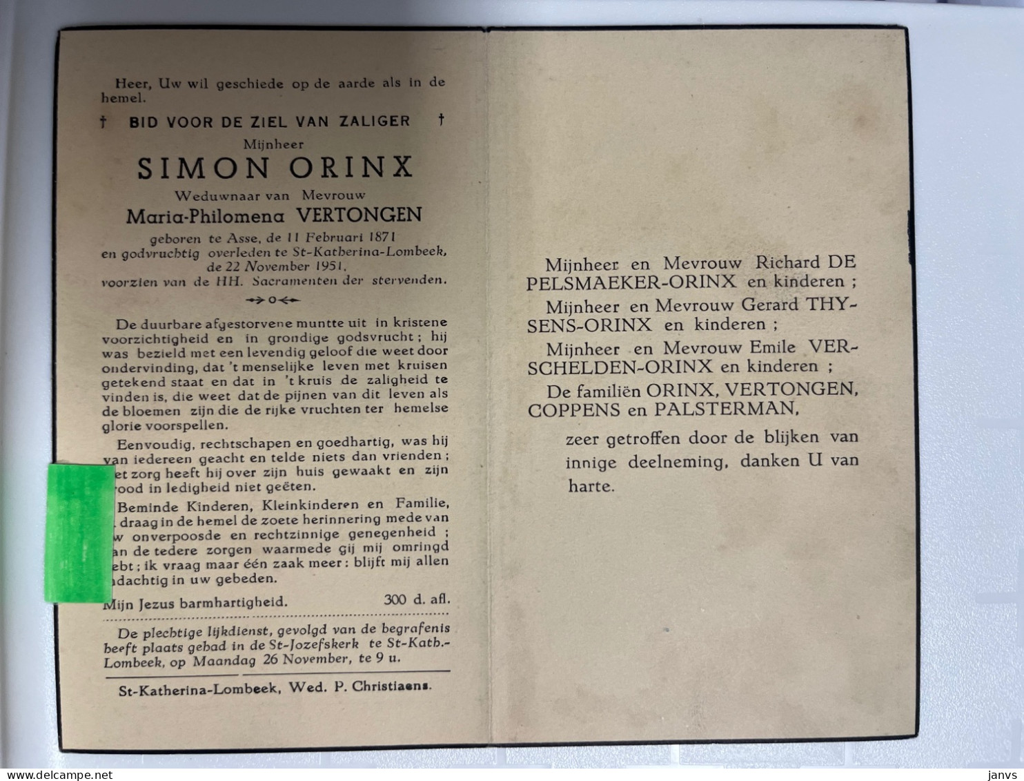 Devotie DP - Overlijden Simon Orinx Wwe Vertongen - Asse 1871 - St-Katherina-Lombeek 1951 - Décès