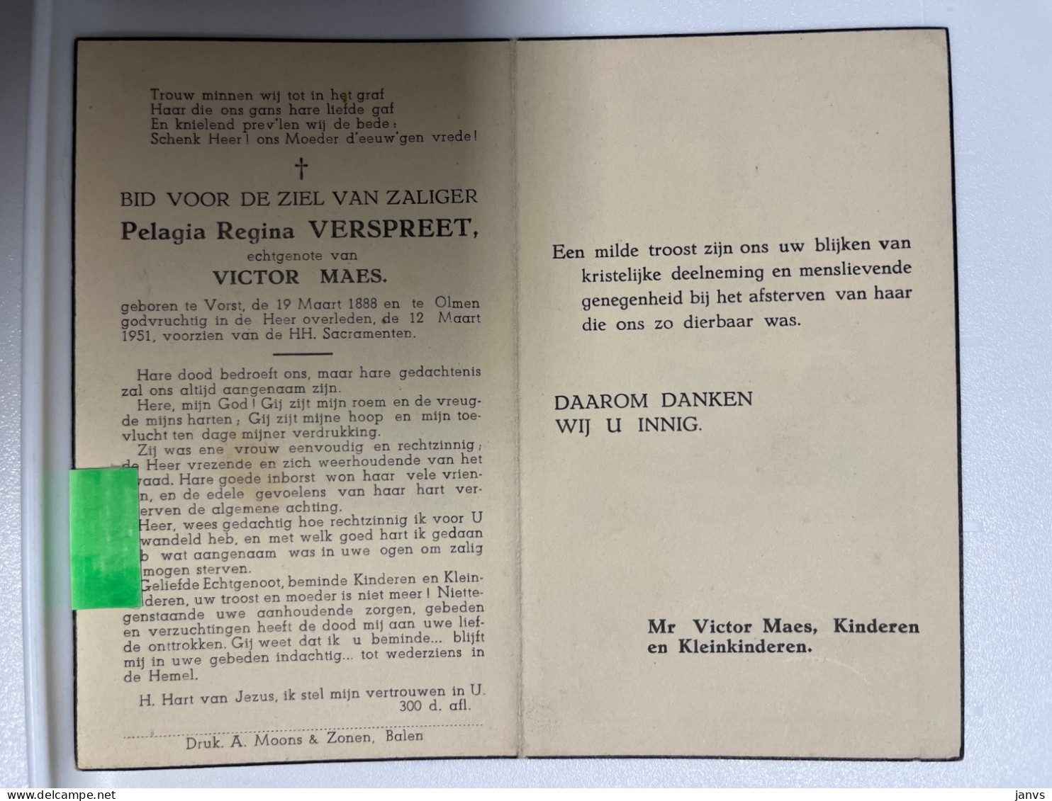 Devotie DP - Overlijden Pelagia Verspreet Echtg Maes - Vorst 1888 - Olmen 1951 - Décès