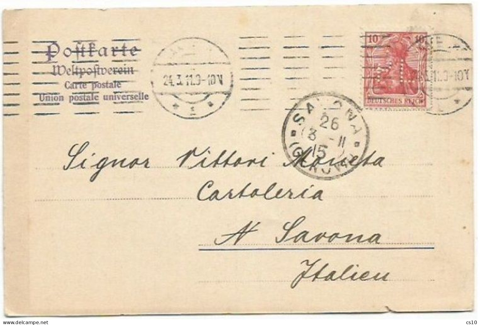 Germany Weimar PERFIN "PL" On Germania Pf10 Simple Franking Commerce Card Hambourg 24mar1911 To Italy - Perforés