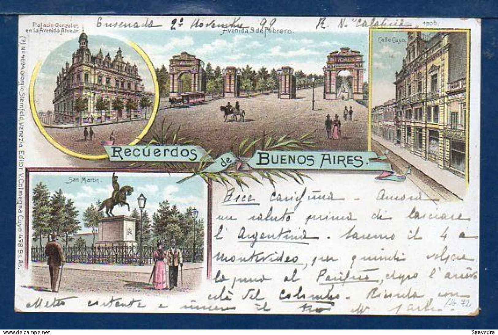 Argentina To Italy, "Gruss From Buenos Aires", 1899, Used Litho Postcard  (033) - Saluti Da.../ Gruss Aus...