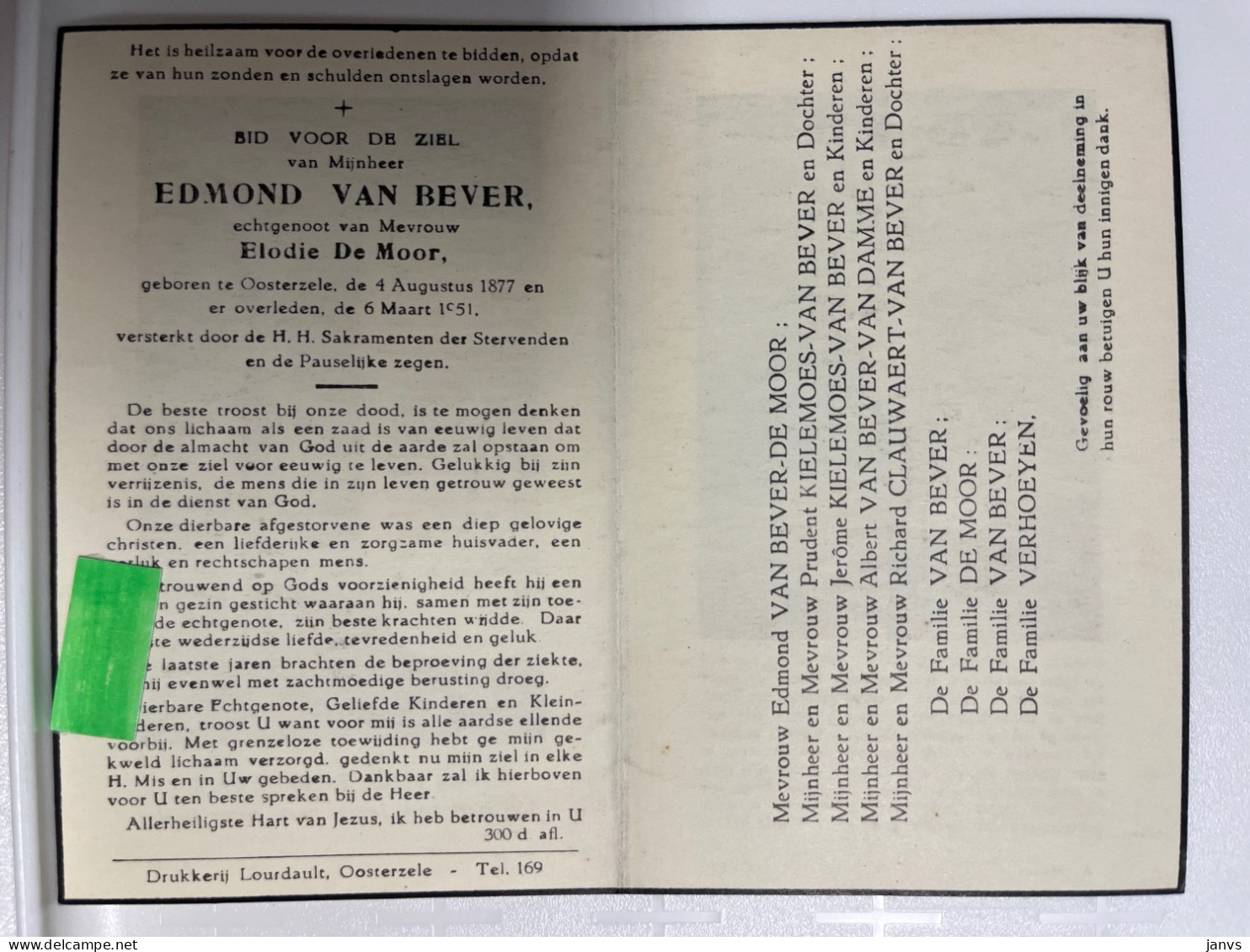 Devotie DP - Overlijden Edmond Van Bever - Echtg De Moor - Oosterele 1877 - 1951 - Décès