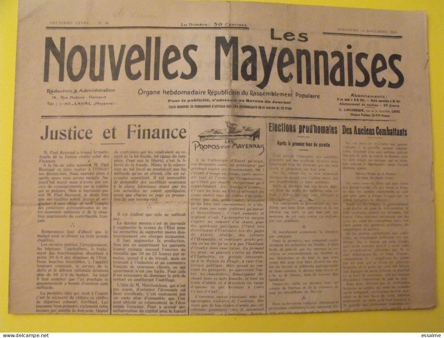 Hebdo Les Nouvelles Mayennaises. Chateau-Gontier Laval. N° 46 Du 13 Novembre 1938.  Lavoquer Cousin Coulange - Pays De Loire