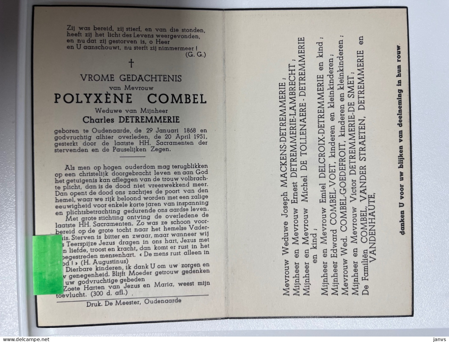 Devotie DP - Overlijden Polyxène Combel Wwe Detremmerie - Oudenaarde 1868 - 1951 - Décès