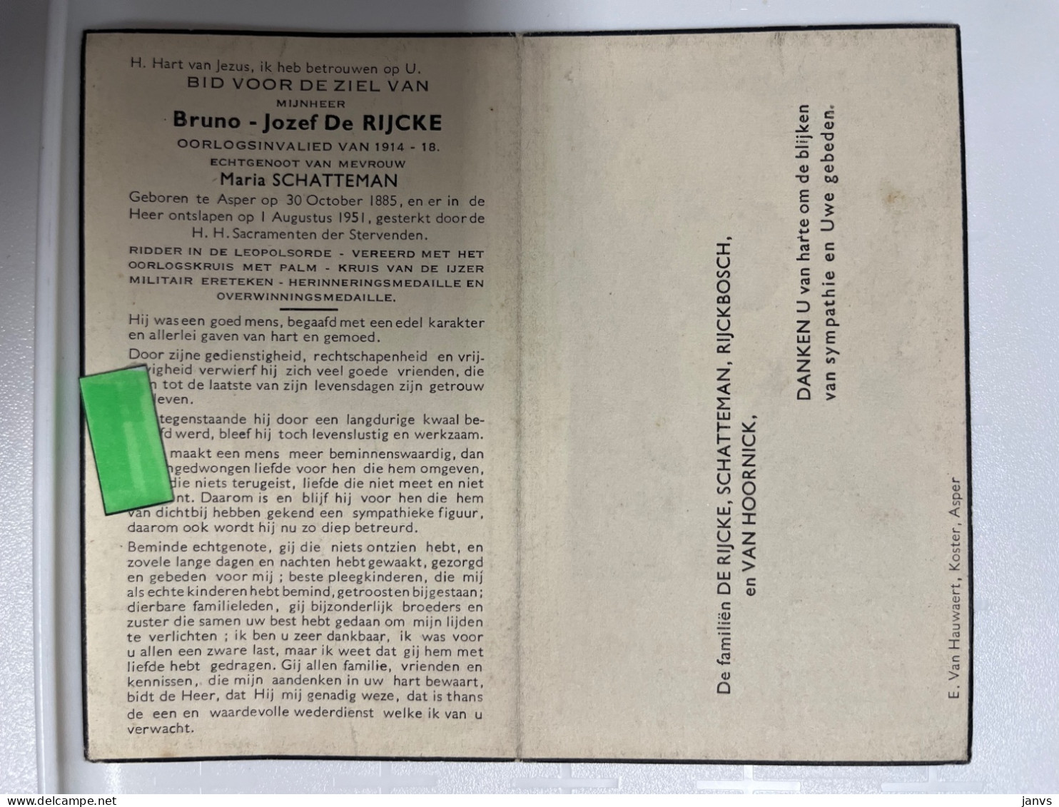 Devotie DP - Overlijden Bruno De Rijcke Echtg Schatteman - Asper 1885 - 1951 - Oorlogsinvalied '14-'18 - Décès