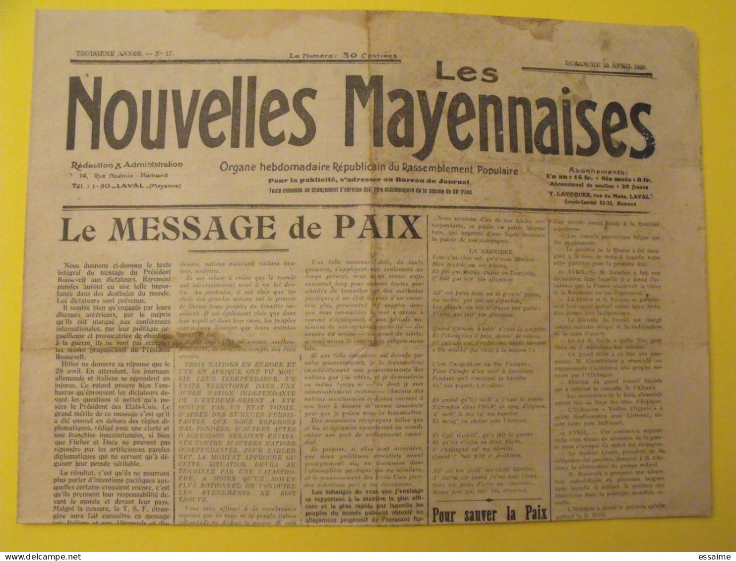 Hebdo Les Nouvelles Mayennaises. Chateau-Gontier Laval. N° 17 Du 23 Avril 1939. Paix, Marchands De Canons Hitler Juif - Pays De Loire