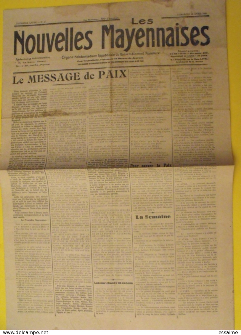 Hebdo Les Nouvelles Mayennaises. Chateau-Gontier Laval. N° 17 Du 23 Avril 1939. Paix, Marchands De Canons Hitler Juif - Pays De Loire