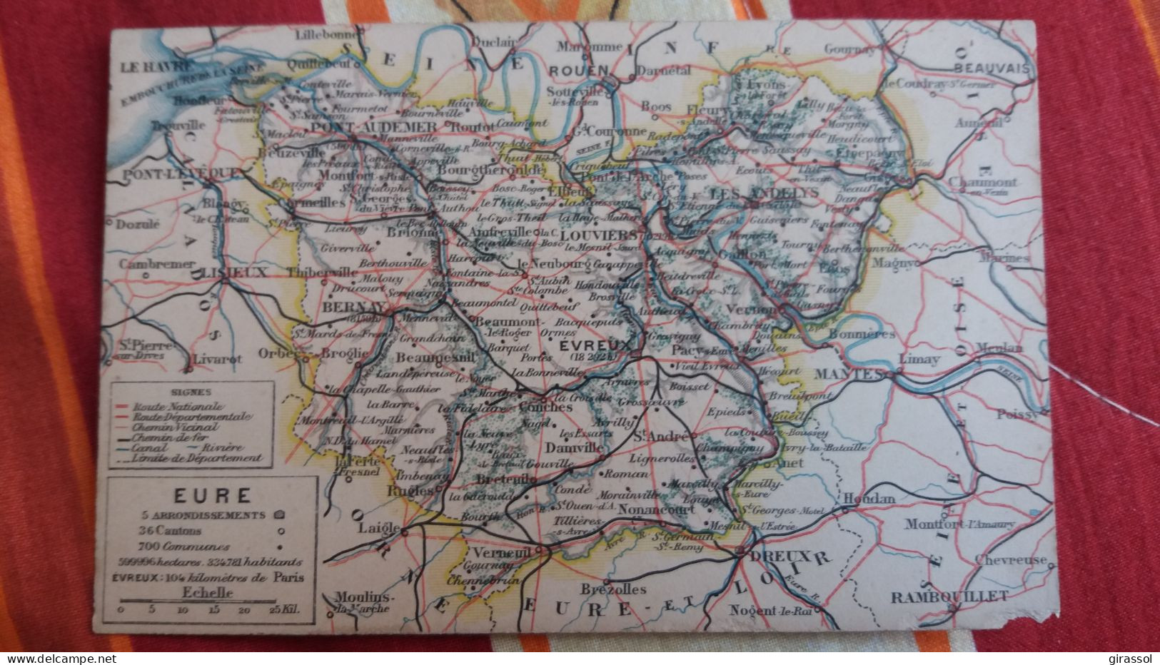 CPA CARTE GEOGRAPHIQUE CONTOUR DEPARTEMENT DE L EURE ANCIEN COIN ABIME 2 EME CHOIX - Cartes Géographiques