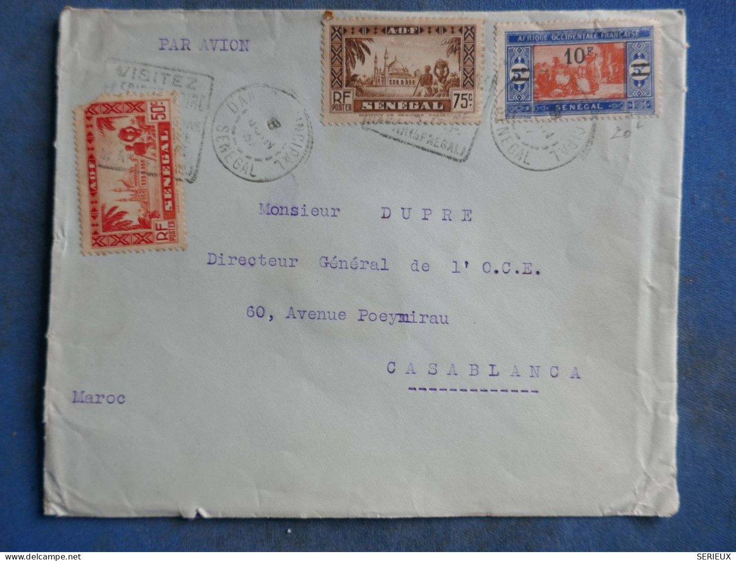 DN9 AOF SENEGAL   BELLE  LETTRE DEST. RARE  1927  DAKAR A CASA MAROC+SURCHARGE + AFF.  INTERESSANT++ - Cartas & Documentos