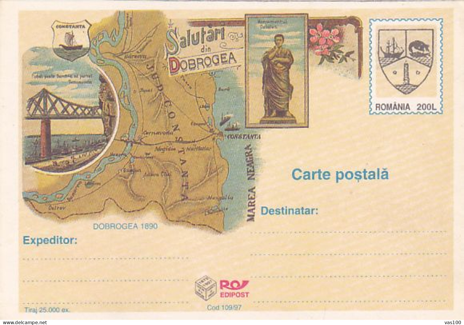 GREETINGS FROM DOBRUJA, BRIDGE, OVID STATUE, SHIP, PC STATIONERY, ENTIER POSTAL, 1997, ROMANIA - Ganzsachen