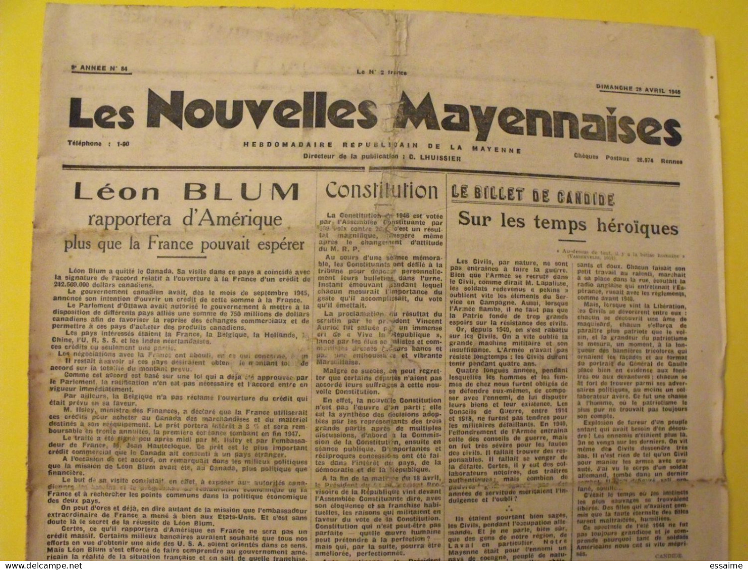 Hebdo Les Nouvelles Mayennaises. Chateau-Gontier Laval. N° 84 Du 28 Avril 1946. Blum Constitution Lhuissier - Pays De Loire