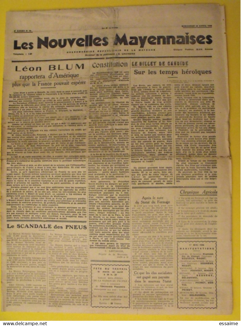 Hebdo Les Nouvelles Mayennaises. Chateau-Gontier Laval. N° 84 Du 28 Avril 1946. Blum Constitution Lhuissier - Pays De Loire